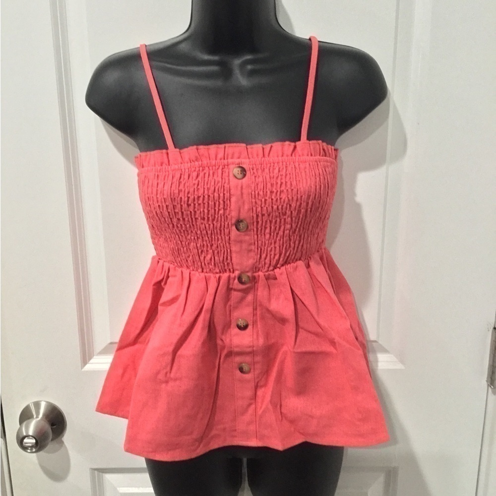 Spaghetti Strap Smocked Button Babydoll Cami‎